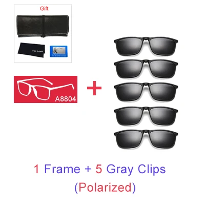 1 Frame 5 Gray Clips Два Oclock поляризованные магнитные солнцезащитные очки для мужчин UV400 Высокое качество 5 в 1 клип на солнцезащитных очков женские квадратные диоптрийные очки оправа A8804 - Цвет линз: 1 Frame 5 Gray Clips