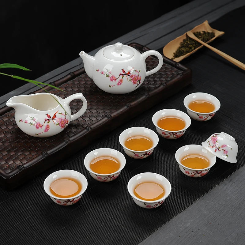 

Red peach pattern Kung Fu Tea Set,Ceramic 8 cups 1pot 1 Gongdao cup,TeaCup,ChineseTravel Tea Set, Drinkware Coffee&Tea Sets