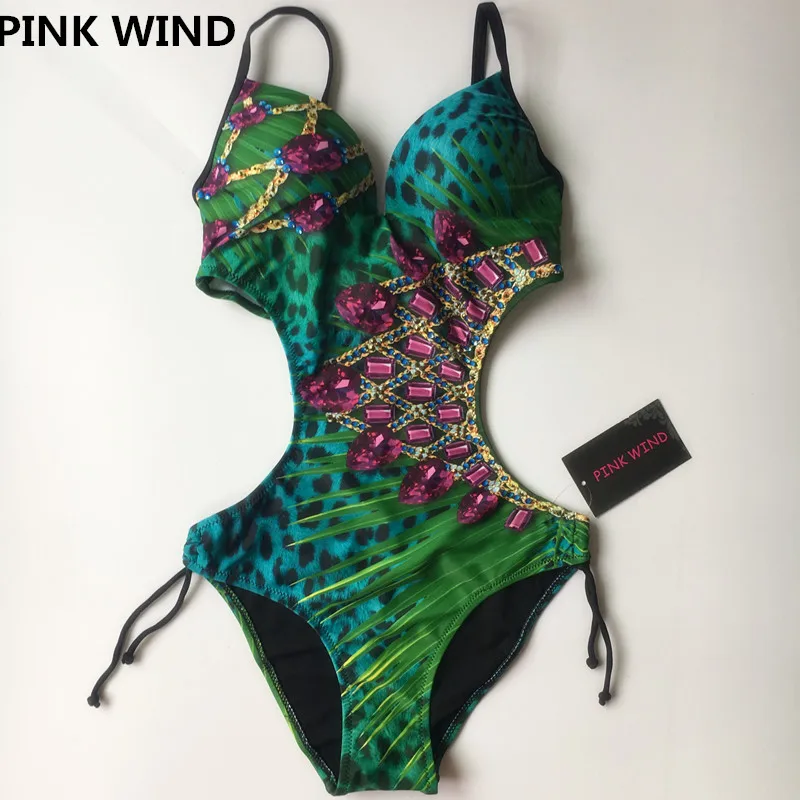 PINK WIND 2017 Green Diamond 3D Print One Piece Swimsuit Women Sexy Luxury Cut Out Padded Swimwear Monokini Bathing Suit M- XXXL | Спорт и