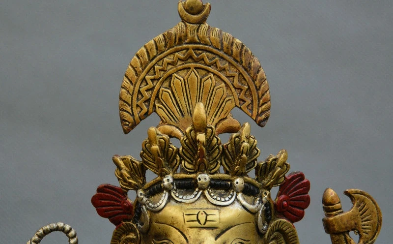 Тибетский буддизм чистый Бронзовый Цвет Окрашенные 4 руки слон Ганеш статуя