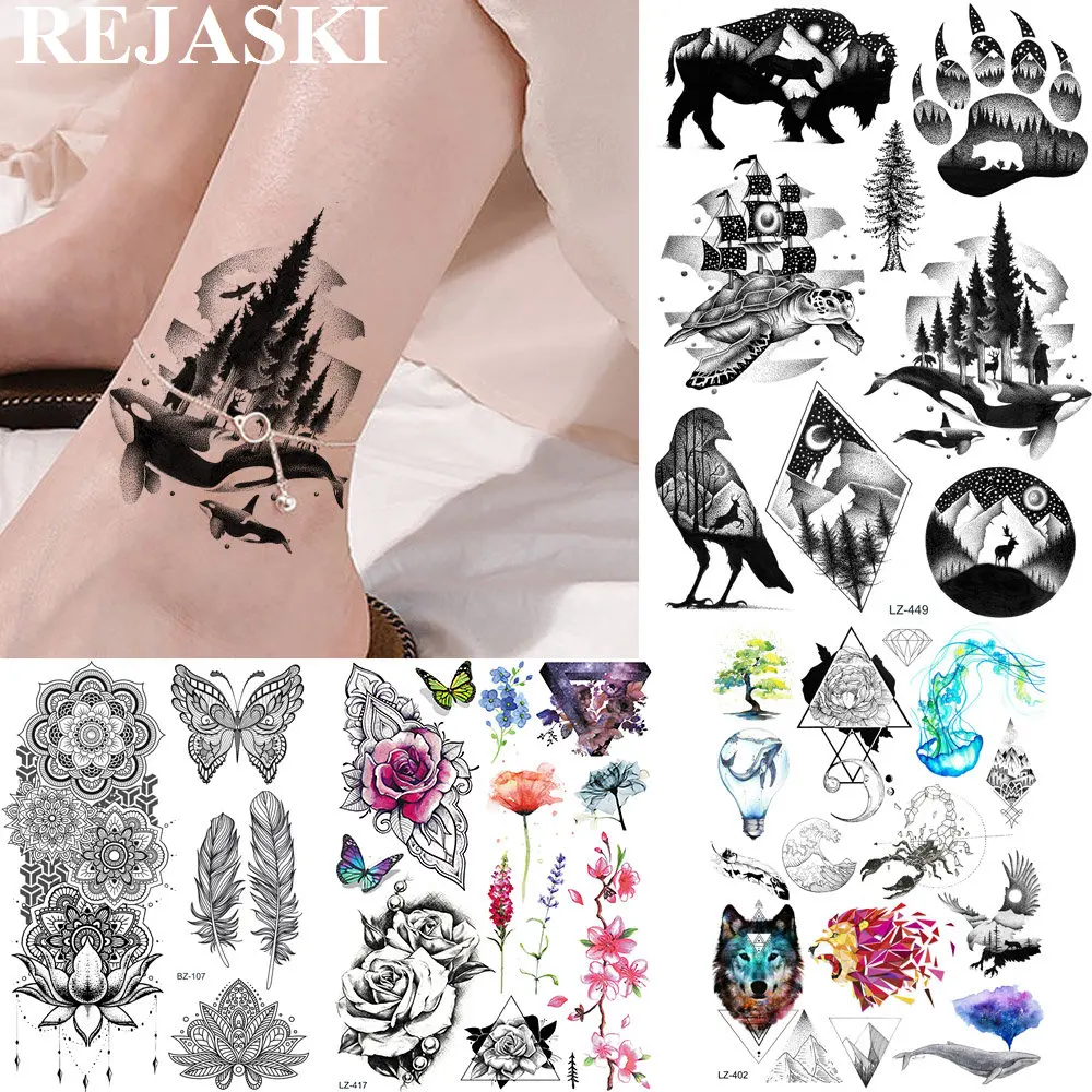 

REJASKI Pine Tree Paw Forest Temporary Tattoos For Women Men Sticker Pirate Ship Black Tatoos Waterproof Art Wrist Custom Tattoo