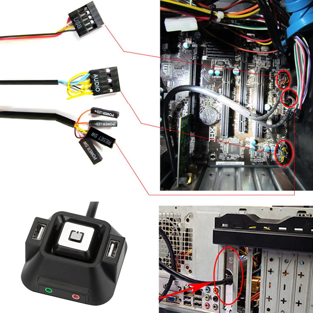 USB Extender Ports Desktop Computer Reset Button Dual Power On-Off Switch Plug PC |