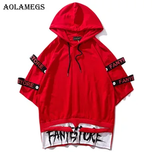 Aolamegs Мужская футболка с лентами в стиле хип-хоп, с капюшоном, мужские футболки с круглым вырезом, футболка с коротким рукавом, модные уличные футболки, уличная одежда