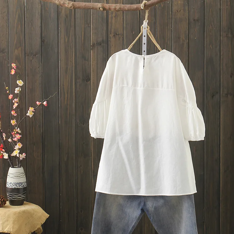 KYQIAO blusas mulher элегантная женская богемная Милая Этническая блузка с круглым вырезом белого, розового и оранжевого цветов с вышивкой, хлопковая блузка, рубашка, топы
