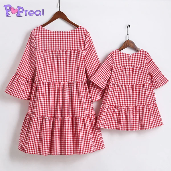 PopReal платья для мамы и дочки Plaid Ruffle Sleeve Многоуровневое Одинаковая семейная