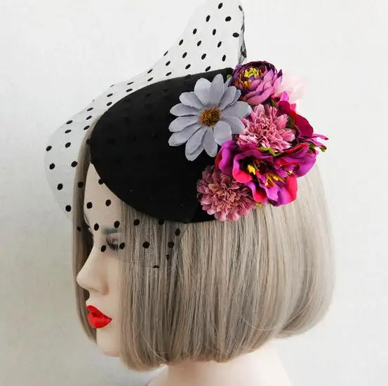 Fashion Lady Flowers Lace Veil Top Hair Clips Bridal Mini Top Hat Clip Lolita Burlesque Fascinator Hair Accessories