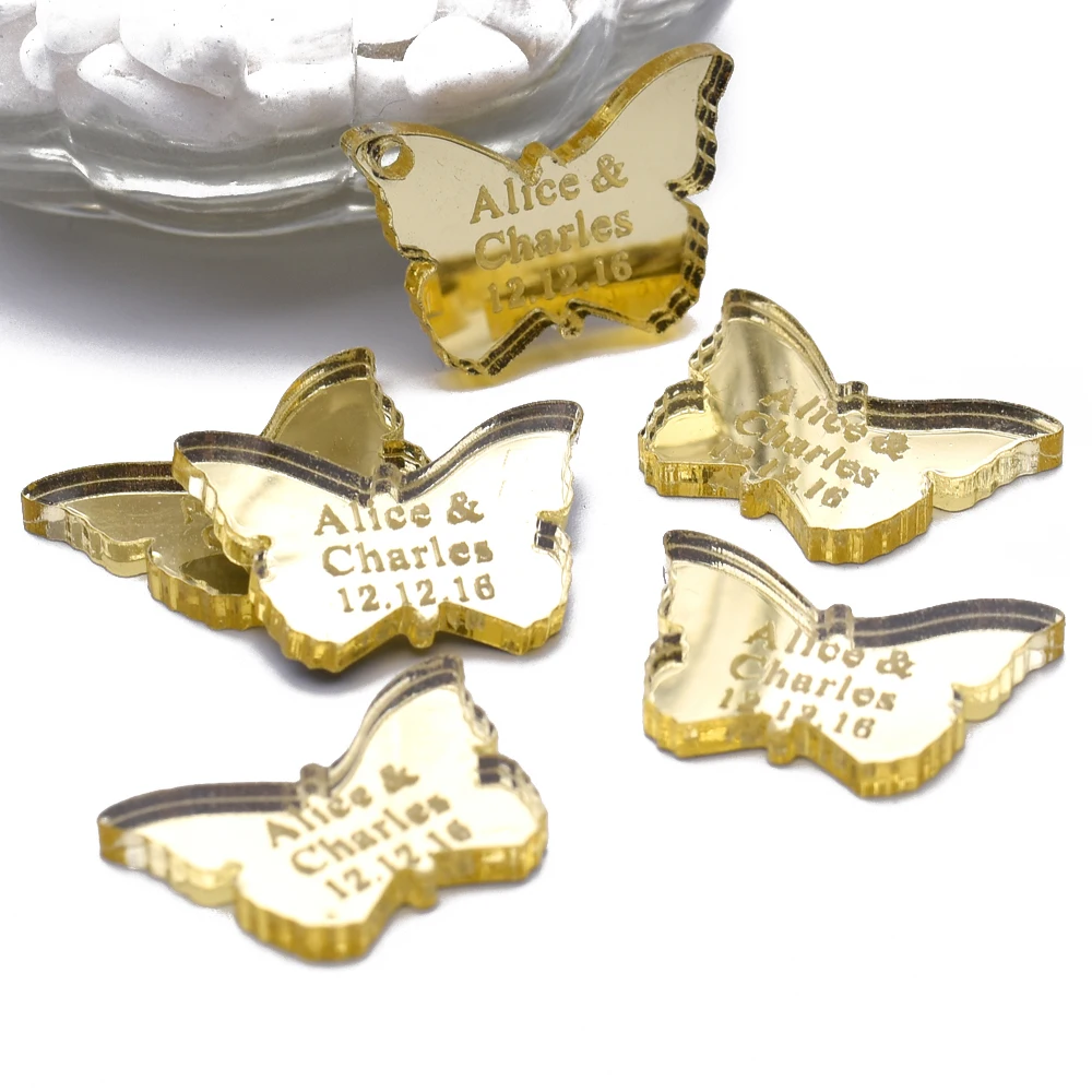 

50 pcs Personalized Engraved Mirror / Clear Acrylic Butterfly Wedding Baptism Birthday Baby Shower Table Decoration Favors