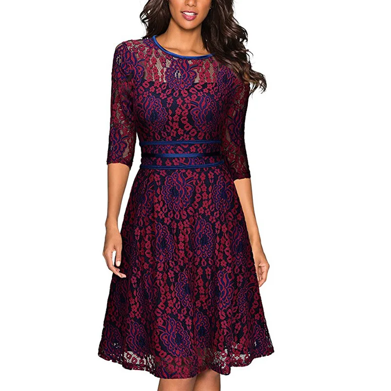 

NEW HIGH QUALITY Women Vintage Floral Lace Half Sleeve O-Neck Patchwork Dress Lady Party Ceremony Dinner Dress Dresses