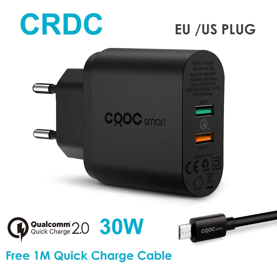 Crdc Quick Charge 2.0 30 Вт быстрый usb телефон Зарядное устройство адаптер для Xiaomi Samsung Galaxy S8