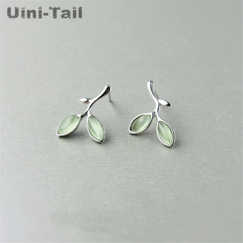 Uini-Tail, новинка 925, Стерлинговое Серебро, зеленые листья, серьги, корейская мода, простой тренд, ухо, движение, ювелирное изделие, высокое качество, GN317