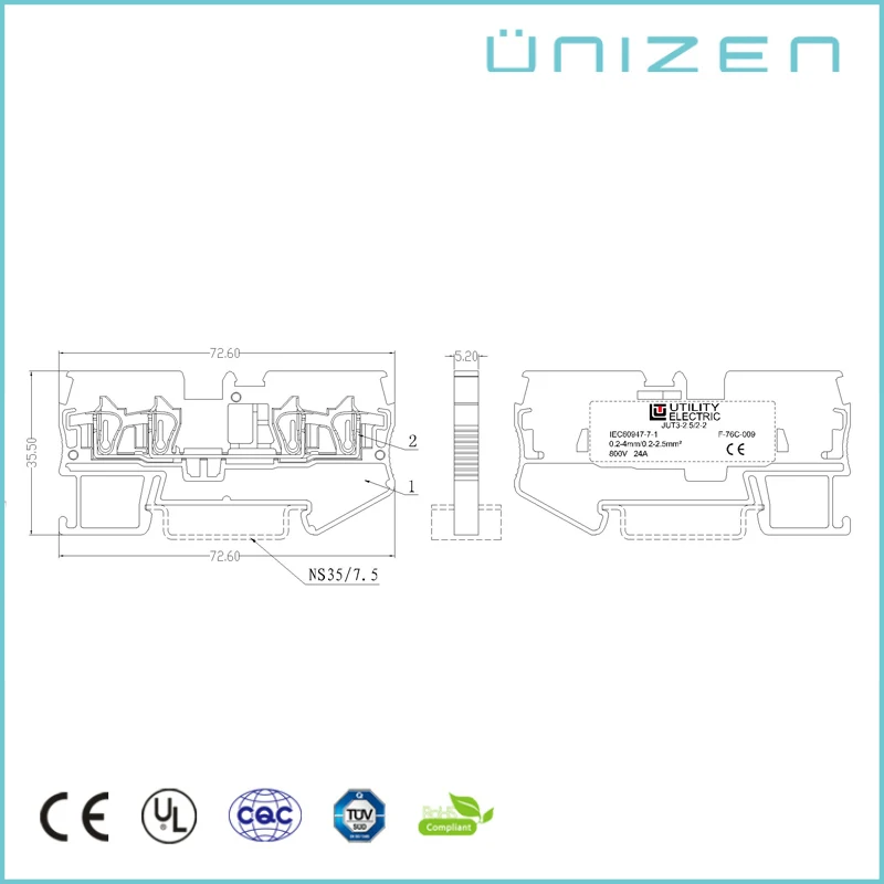 UNIZEN JUT3 2.5/2 2 60 шт. 800 в/24а серая пружина din рейка Клеммная колодка 24 12AWG reihenklemmen 0 4mm2
