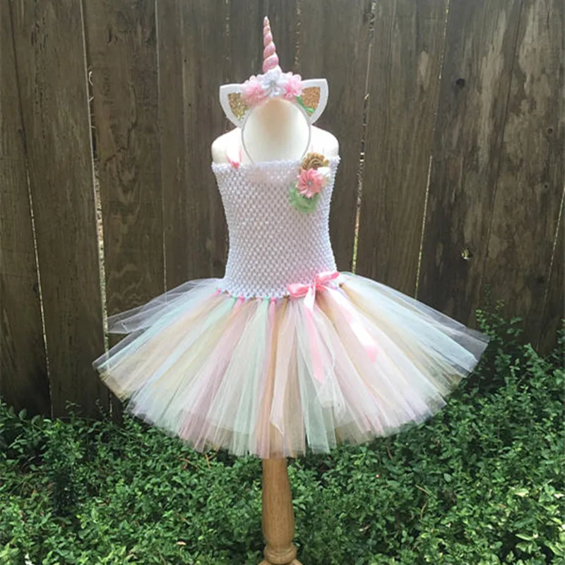 Girls Tutu Dress Fancy Rainbow Princess Unicorn with Headband Christmas Halloween Costume for Kids Girl Party 1-14Y | Детская одежда и