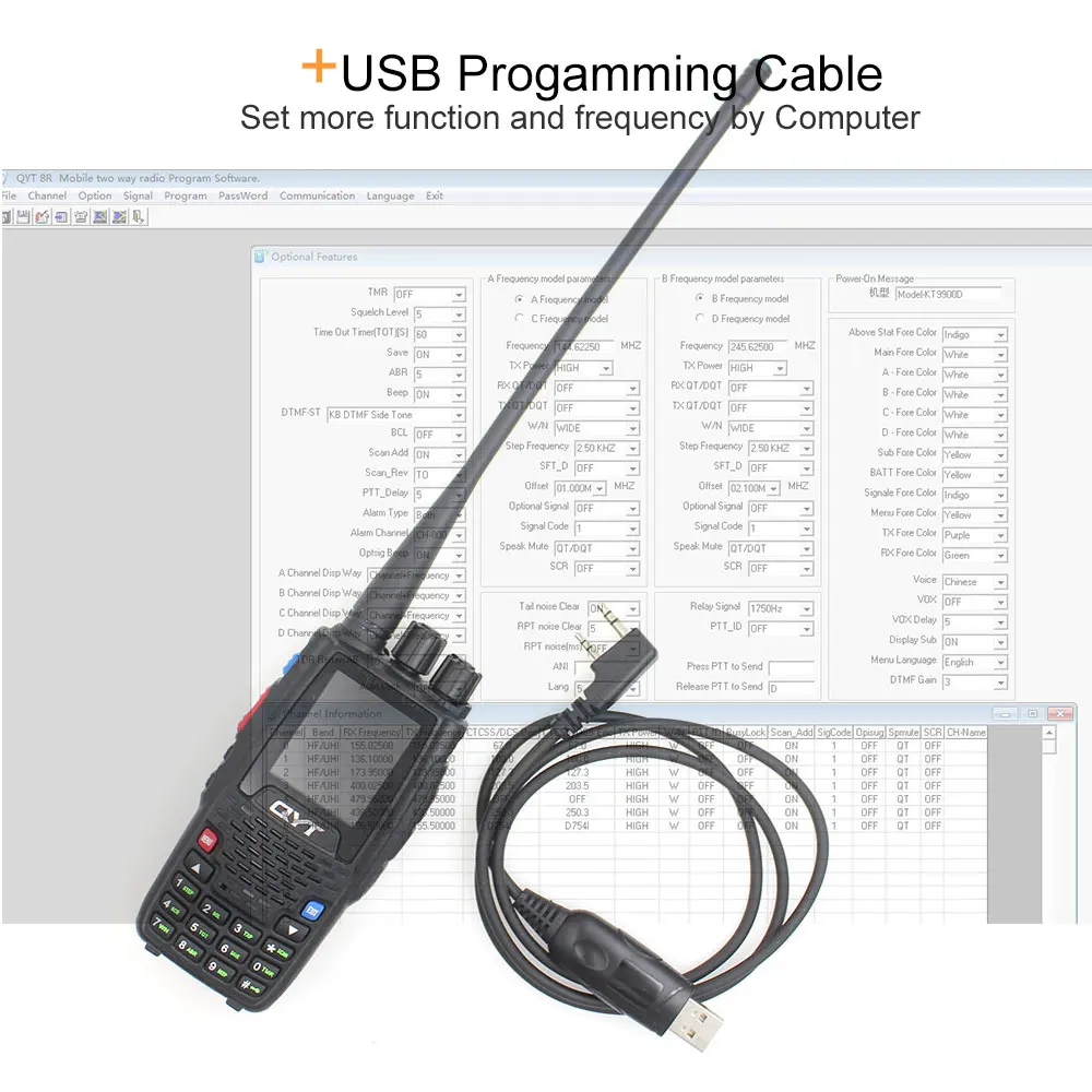 add Cable QYT KT-8R портативная рация четырехдиапазонная переносная любительская радиостанция Интерком KT8R цветной дисплей 5 Вт 2000 мАч fm-приемопередатчик - Цвет: add Cable