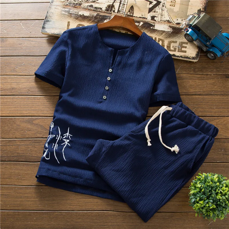 T Shirts Shorts Summer Brand Tshirt Men Light Breathable Casual Beach Set M-5XL linen T-shirt Suit Male Fashion men | Мужская одежда