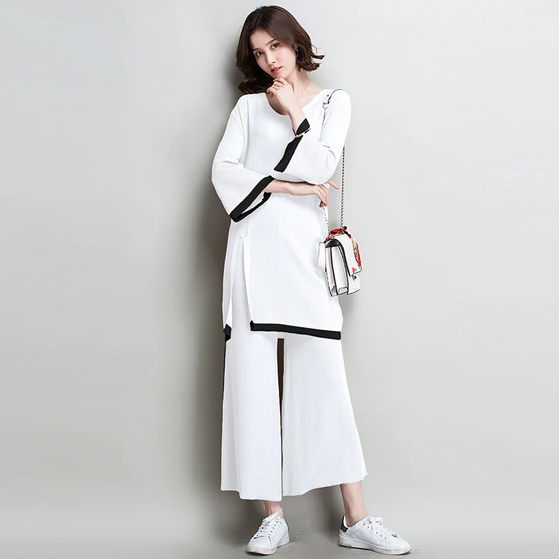 

Ice silk knitting fashion suits autumn 2018 plus size women casual clothing set long V neck coat shirt coat wide pants loose