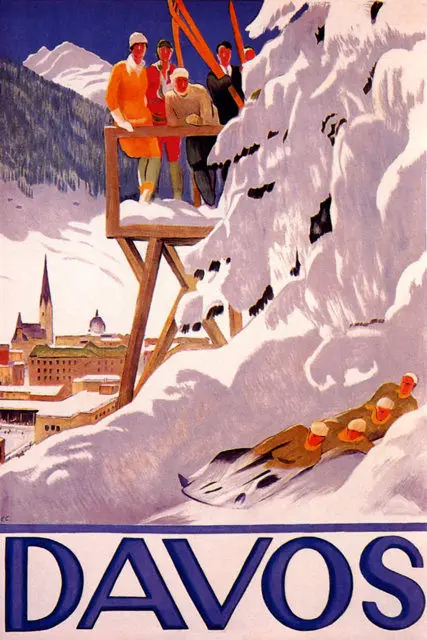 Винтажный постер для катания на лыжах спорта путешествий Davos классические