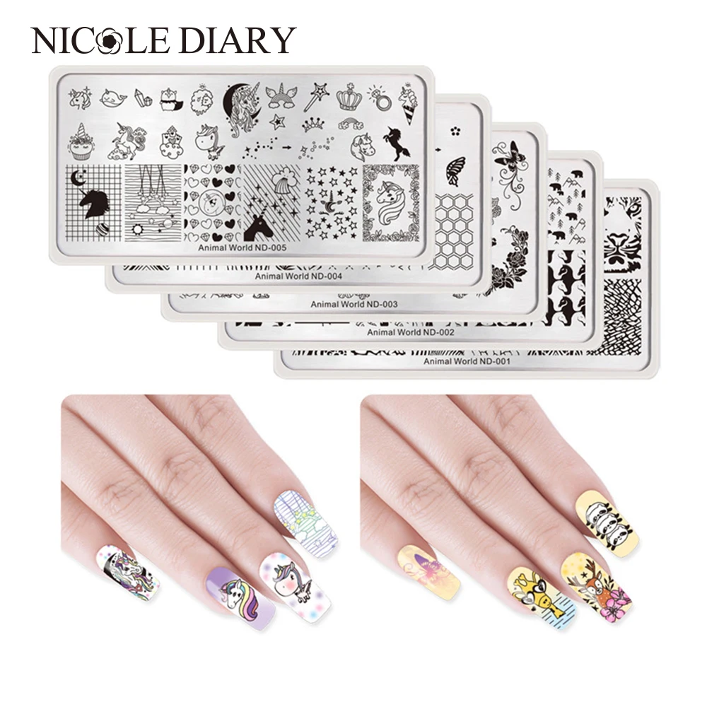 NICOLE DIARY 5 шт штампованные пластины дизайн ногтей животный мир серии кошка сова