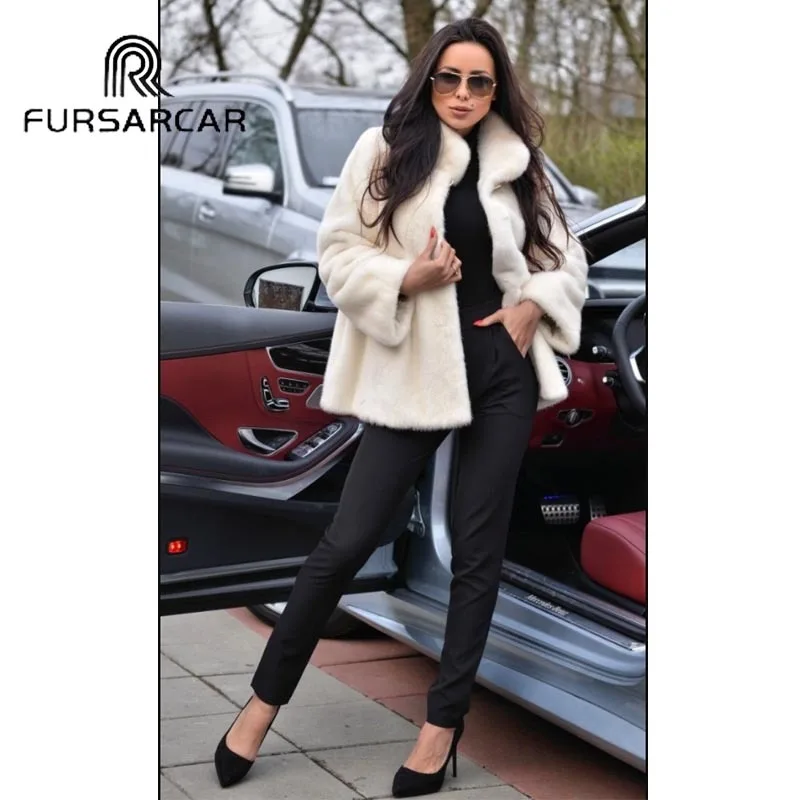 FURSARCAR, модная новинка, настоящая норковая шуба, женская зимняя уличная шуба белого цвета из натурального меха норки, женская шуба с меховым воротником