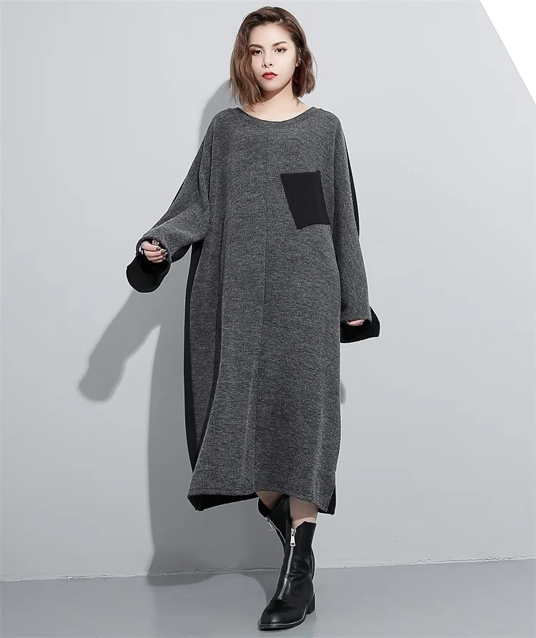 Depictdream 2017 new autumn solid color round neck long sleeve black knitting big size dress women fasihon tide |