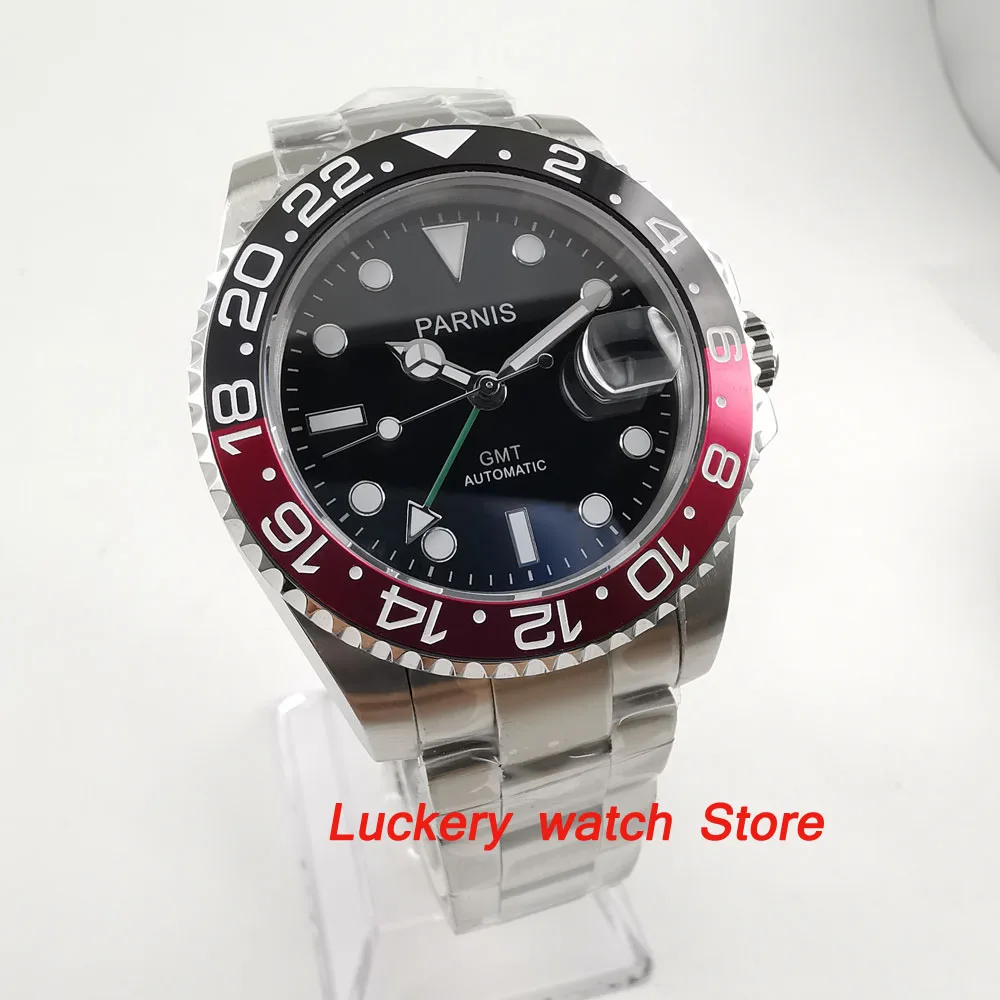 

40mm Parnis Black and red Bezel black dial green GMT hands luminous marks sapphire glass automatic Mens Watch-PA65