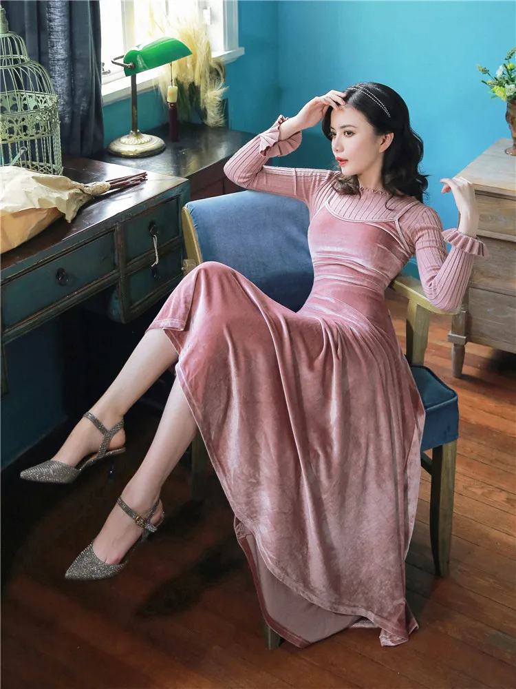 2018 new fashion women's dresses autumn and winter vintage velvet suspender dress+sweater two-piece dress | Женская одежда
