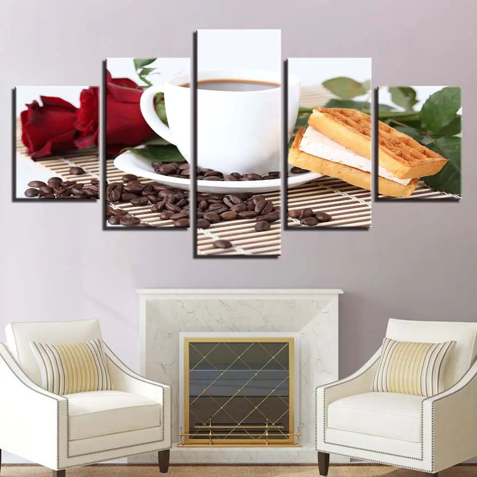 Картина на холсте, настенная живопись для гостиной, 5 шт., ароматный кафе, хлеб, картины, принты, кофейные зерна, плакат, кухня, модульный домашний декор - Цвет: Q8114