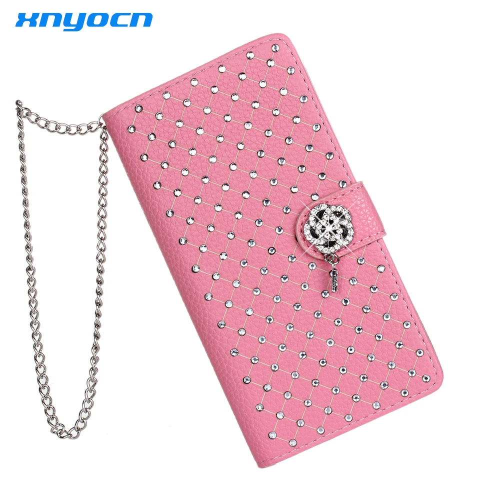 Роскошный блестящий кожаный чехол бумажник со стразами и откидной крышкой для