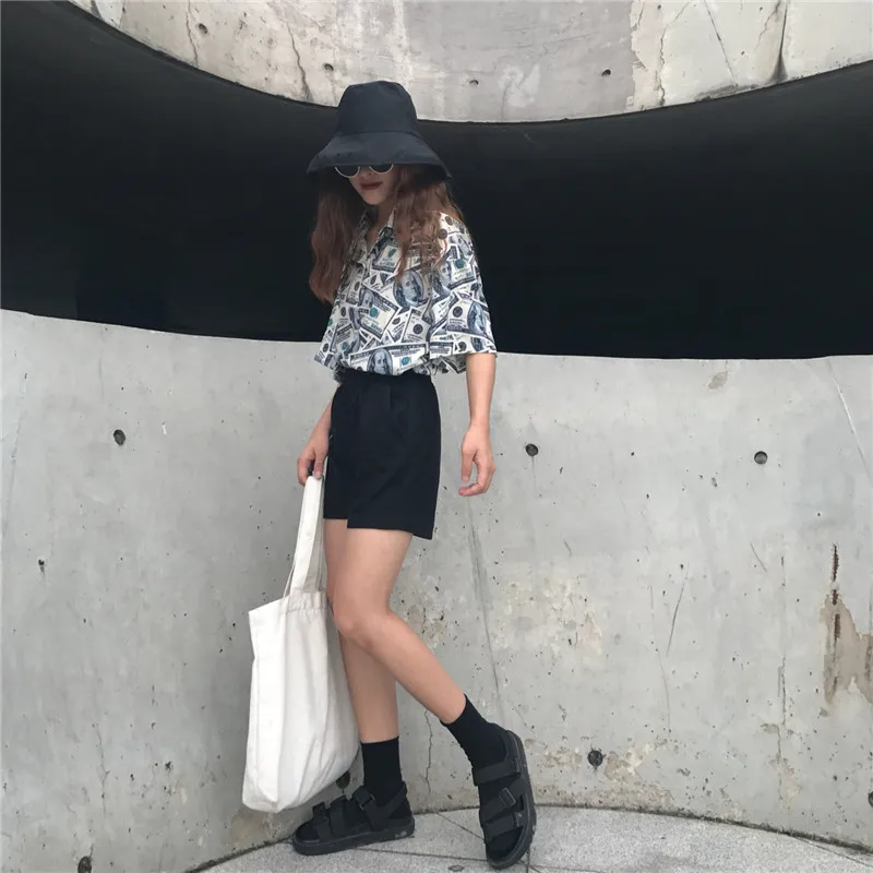 Новинка; Летняя женская одежда; ulzzang; Корейская хипстерская одежда в стиле Харадзюку с принтом доллара США; свободные модные брендовые повседневные женские рубашки; топы