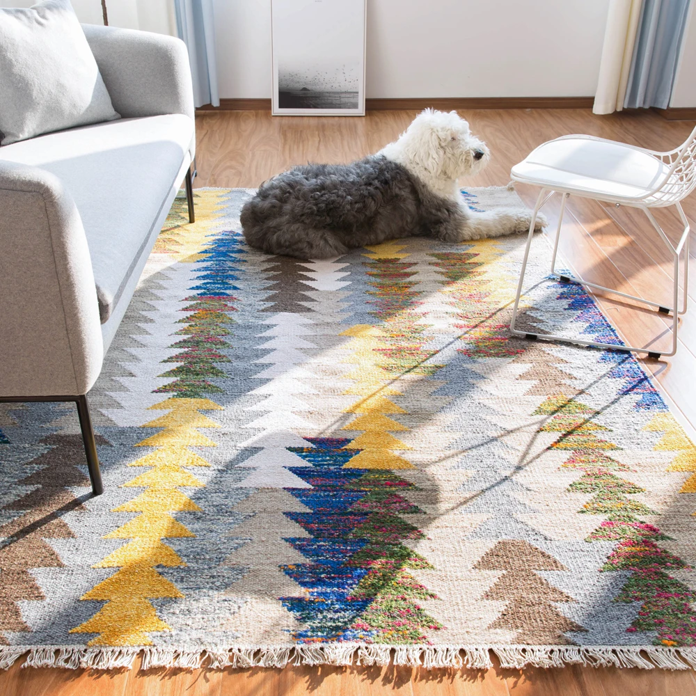 100% шерсть ковер килим Геометрическая Богемия индийский в клетку желтый синий