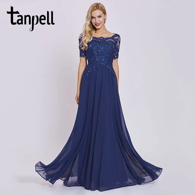 Tanpell Dark Royal Blue Long Evening Dress Lace Beaded O Neck Short Sleeves Women Formal Prom Dresses Robe De Soire 2019 | Свадьбы и