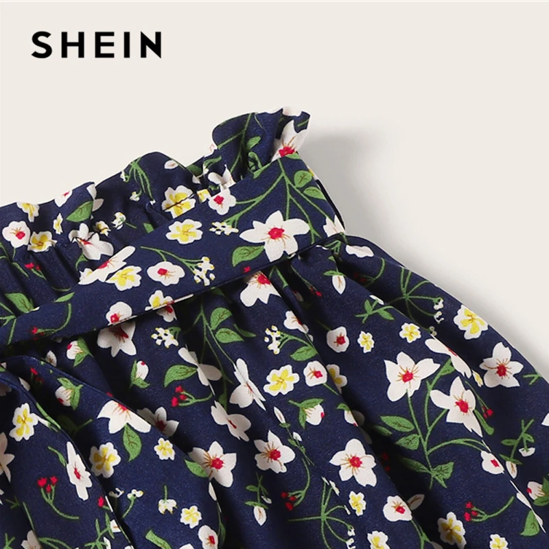 SHEIN, юбка размера плюс, темно-синяя, с цветочным принтом, на талии, с поясом,, женская летняя, Boho, трапециевидная, расклешенная, плиссированная, мини-юбка