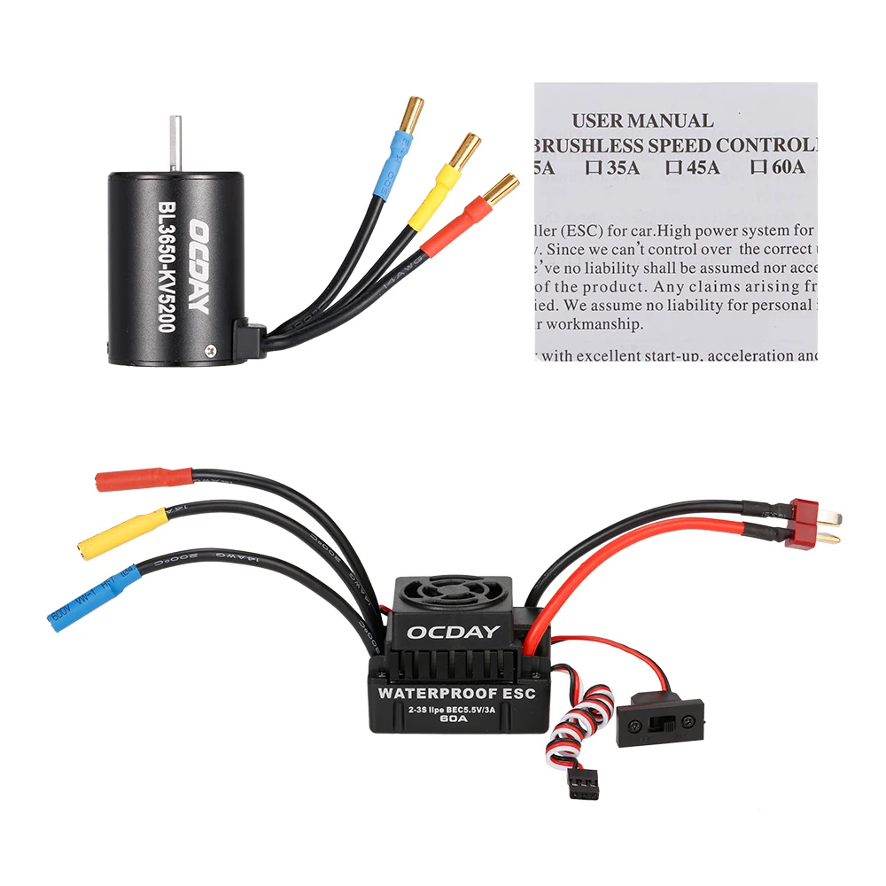 3650 5200KV 3900KV Brushless Sensorless Motor with 60A Waterproof ESC for RC Car 1:10 Truck Model SUV Crawler DIY Part | Игрушки и хобби
