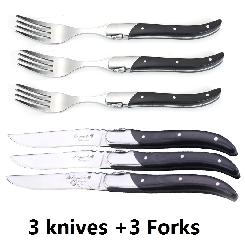 3 knife 3fork no box 6 шт. стиль laguiole столовые приборы набор ножи для стейка вилки с черной деревянной ручкой посуда в деревянной коробке Ресторан рождественские подарки 8,7'' - Цвет: 3 knife 3fork no box