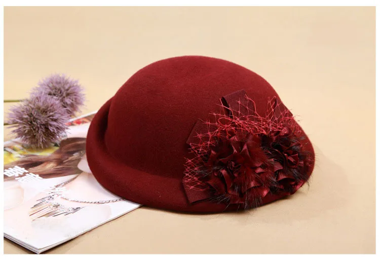 100% шерсть шляпы шапка с цветком модное зимнее женское пальто и шапки Сезон осень