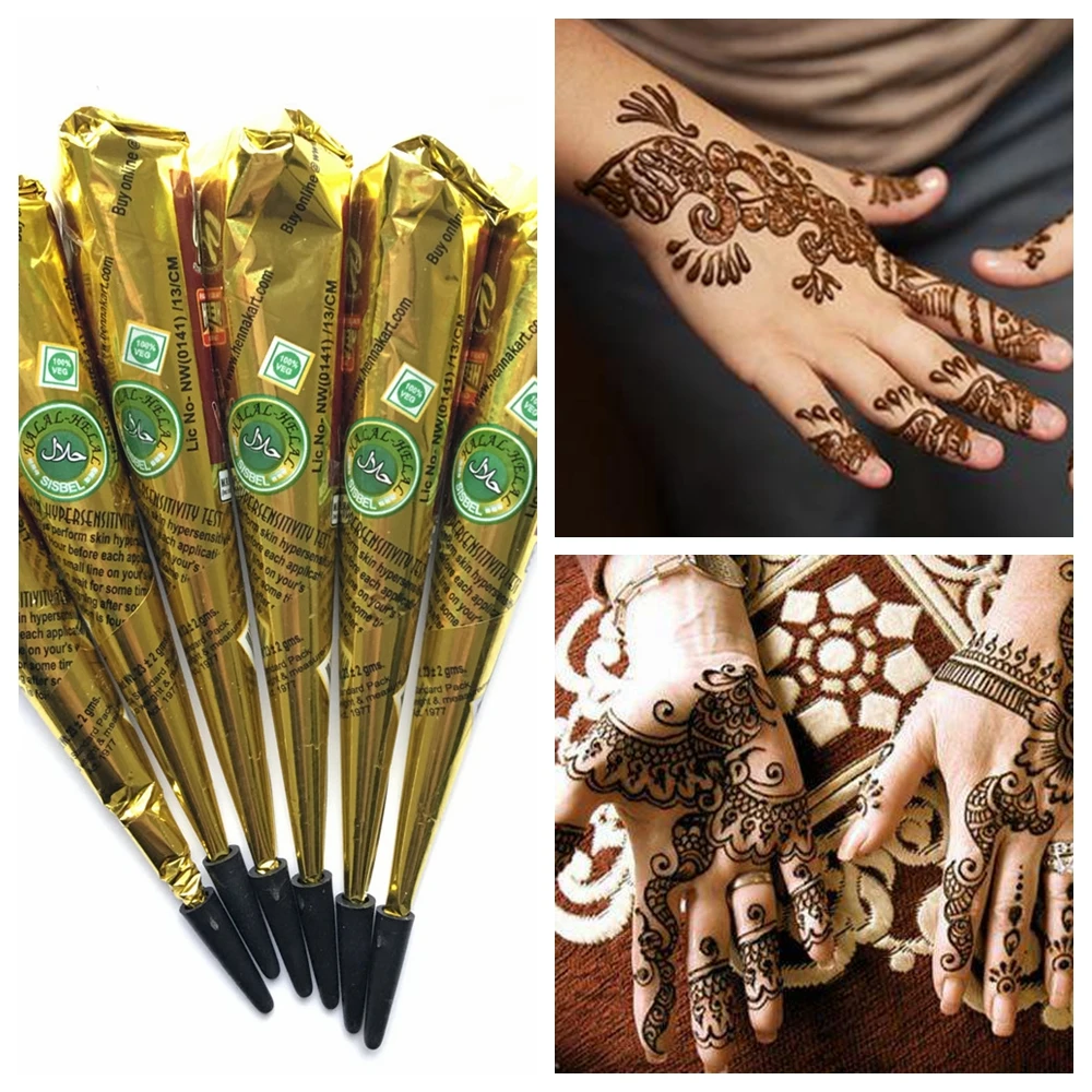 

6 шт./лот натуральная травяная коричневая хна, татуировочная паста, индийская Женская крем-краска для тела, хна, коническая краска для пальце...