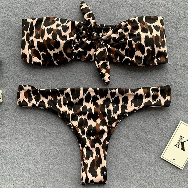 B586Leopard Сексуальное леопардовое бикини, на груди, с бантом, купальник с узлом, Женский цветочный принт, купальник, бандо, бикини, набор, Женский бразильский купальник - Цвет: B586Leopard