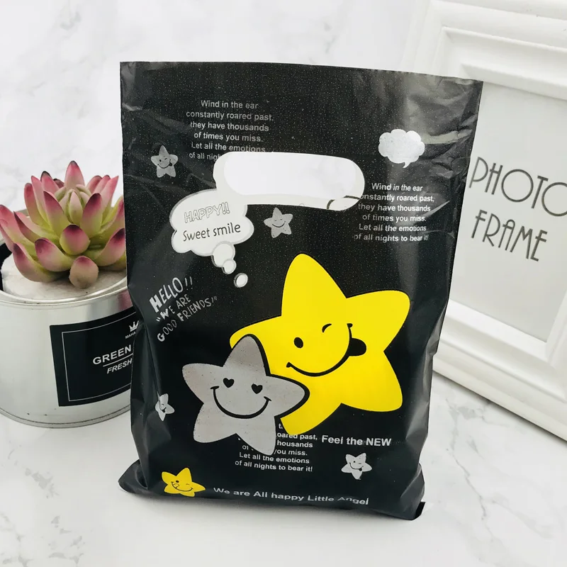 Black Yellow Five-pointed Star 15x20cm Plastic Gift Bag With Handles Jewelry Handle Bags For Shops 100pcs | Дом и сад