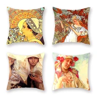 4 pcs vintage cushion cover flowers mucha retro pillow cases for sofa car seat bedroom home decor artistic accessories 45x45cm