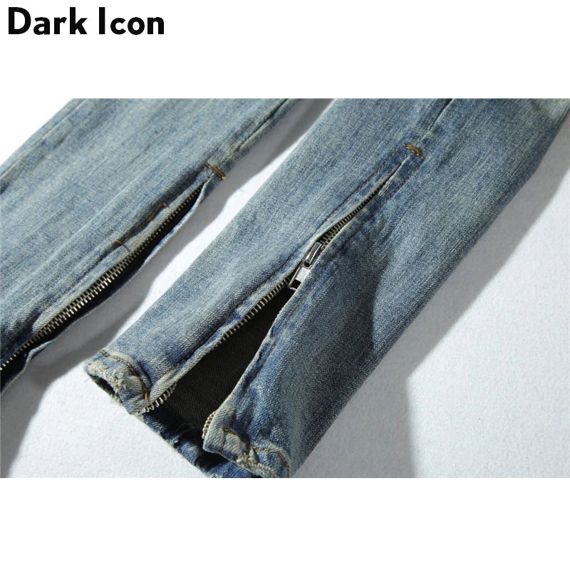 Dark Icon Pleated Knee Regular Hip Hop Jeans Men 2019 High Street Motorcycle Ankle Length Men's Jeans Denim Pants Full Length