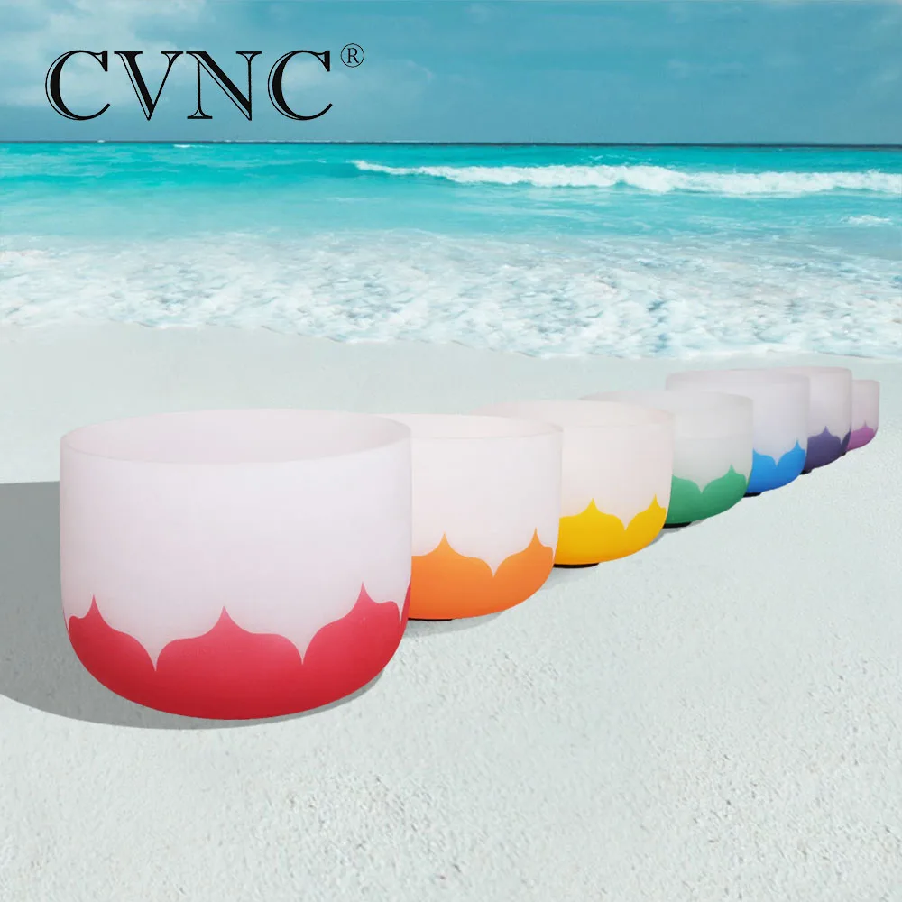 

CVNC tuned set of 7pcs 8"-14" Frosted Quartz Crystal Singing Bowl with Lotus Chakra design