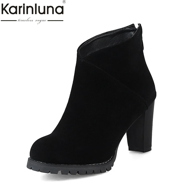 Женские плюшевые ботильоны KARINLUNA черные на платформе и высоком каблуке с молнией