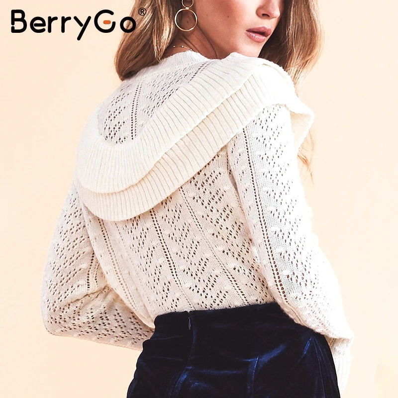 BerryGo элегантный оборками выдалбливают Белый свитер для женщин уличная тонкий