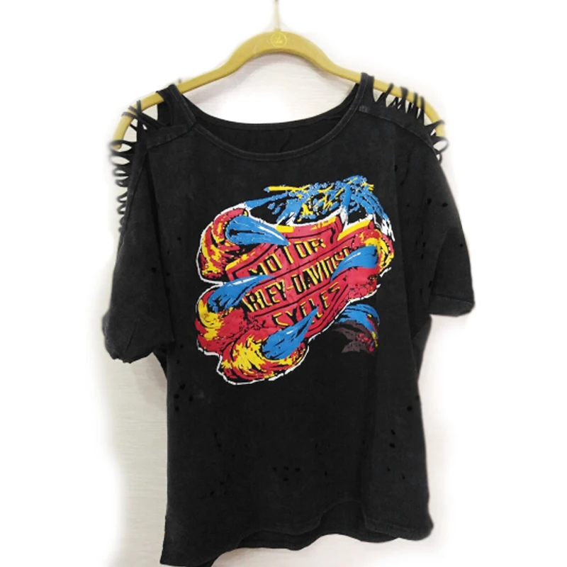 Women Punk Rock T-shirt Graffiti Print Vintage Hollow Out Batwing Sleeve Washed Tees Hip Hop Plus Size Tops | Женская одежда