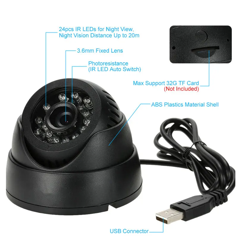 Купольная камера видеонаблюдения с 16G TF картой ИК Ночное Видение CCTV DVR