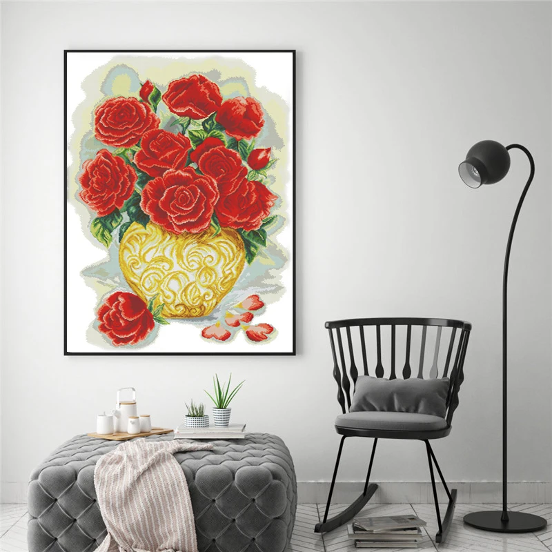 

Beautiful Roses Floral Paintings 14CT 11CT DMC Cotton Thread Cross Embroidery Cross Stitch Needlework Diy New Year Decorations