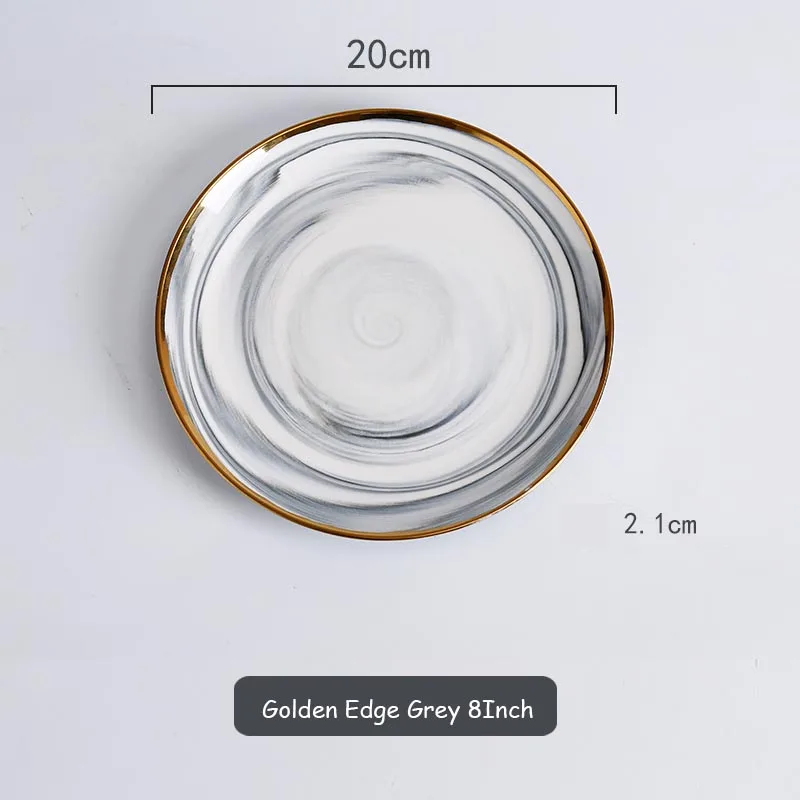 Golden Edge Grey 8 Керамическая тарелка мраморная тарелка круглые подносы для продуктов питания плоский золотой край ужин креативная тарелка для завтрака Фруктовая тарелка украшение столовые приборы 1 шт - Цвет: Golden Edge Grey 8