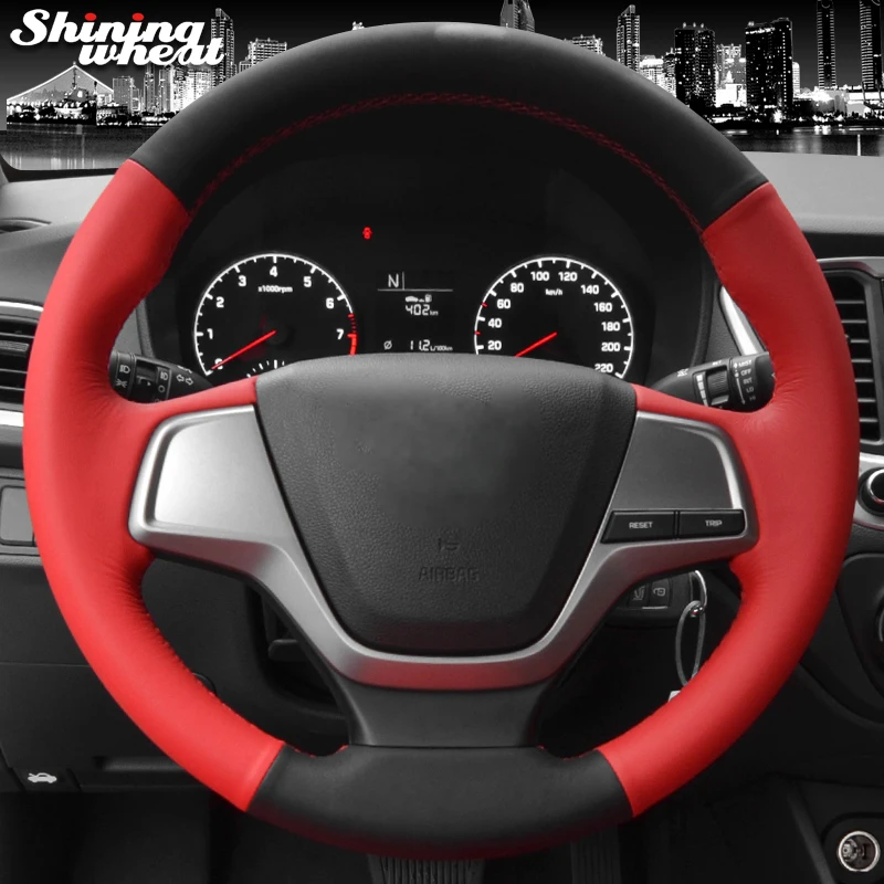 

Hand Sew Black Red Leather Car Steering Wheel Cover for Hyundai Elantra 4 2016 2017