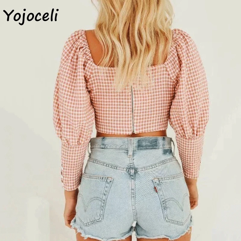 Рубашка Yojoceli в клетку с квадратным вырезом винтажные Короткие топы уличная