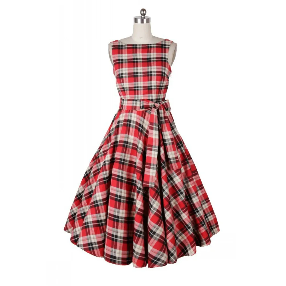 2017 платье в стиле Одри Хепберн с О-образным вырезом и поясом клетку бальное vestidos