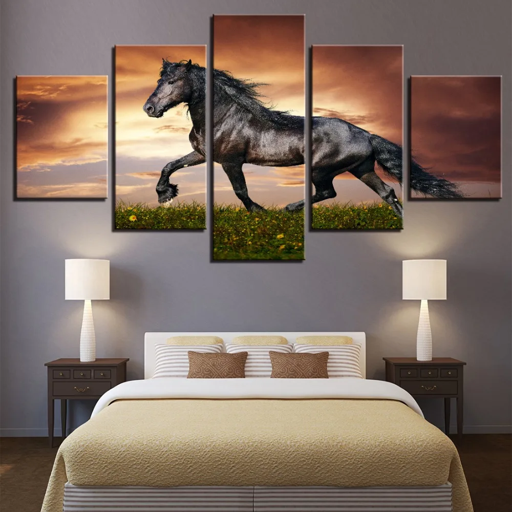 5 панелей бегущая Черная лошадь на закате HD печатная живопись Современная
